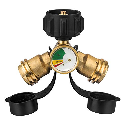 TechKen Propane Tank Y-Splitter Tee Solid Brass with QCC1 Type1 Propane Tank Cylinder Gauge, LP Gas Adapter Grill Connector for BBQ Grill, Burners, Heater, Camping Stoves, Propane appliances