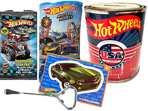 Hot Wheels Oil Can Money Bank & Mystery Models Fun Pak Card Set + Stickers 1 Car + 1 Pack Cards Exclusive HW Mystery Car New with Trading Cards Fun Tattoo Sticker foil Tin Coin Can Set