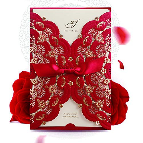 WISHMADE Elegant Red Laser Cut Floral Lace Wedding Invitations Cards with Ribbon Hollow Cardstock for Birthday Engagement Birthday Fancy Party Invites (Pack of 50pcs)