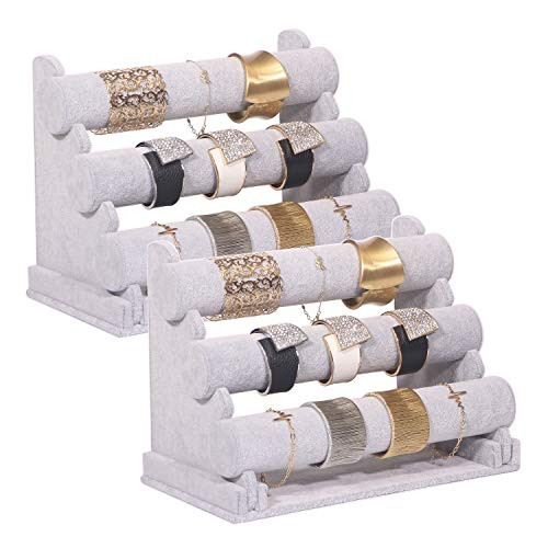 DIOMMELL 2 Pack Velvet Bracelet Holder with 3 Tier Rack, Jewelry Display Stand Watch Bangle Bar Necklace Storage Organizer, Grey DIOMMELL 2 Pack Velvet Bracelet Holder with 3 Tier Rack, Jewelry Display Stand Watch Bangle Bar Necklace Storage Organizer, Grey