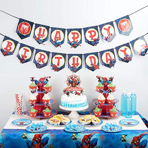Spiderman Party Supplies, Birthday Decorations Party favor Include Banner Cake Cupcake Toppers Foil Balloons, and Latex Balloons and Tableware