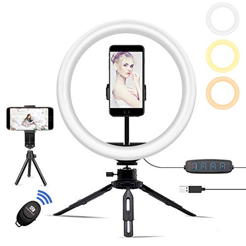 Qwoo 10'' Selfie Ring Light with Tripod Stand, LED Beauty Ring Light with Phone Holder for Streaming & YouTube Video Makeup Compatible with iPhone/Android, 3 Light Modes & 10 Brightness Levels