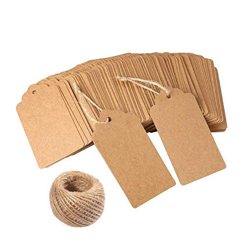 100 PCS Price Tags with String Attached Brown Retangle Kraft Paper Gift Label with Free 100 Feet Natural Jute Twine for Wedding Christmas Gift Crafts & Price Tags Labels
