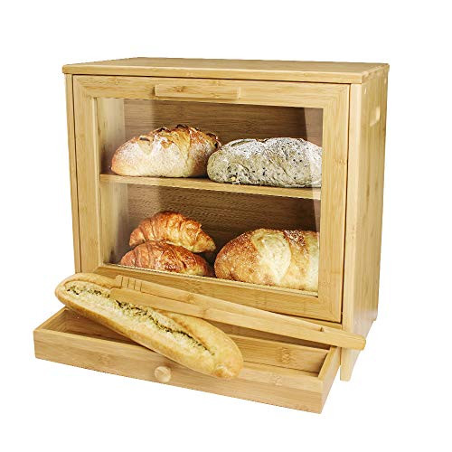 IFELES KITCHEN Large Bread Box: Bamboo BreadBox with Clear Front Window - Farmhouse Style Bread Holder for Kitchen Counter - Double Layer Bread Storage Bin and a drawer -free Bread clip(Self-Assembly)