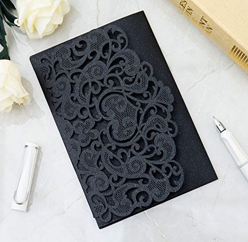 DH-LINK Wedding Invitation Cards Laser Cut Floral Design Invites Pocket for Bridal Showers, Engagement Parties, Invitation Covers(Black,10pcs)