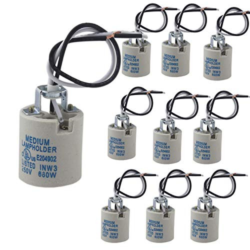10pcs Ceramic Standard Medimun Screw Base Socket E26 E27 Bulb Holders With Wire for Hot Halogen Bulb (E26 10pcs)