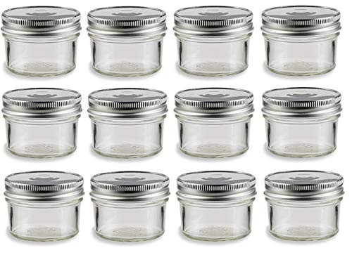 Nakpunar 12 pcs, 4 oz Glass Mason Jars with One Piece Silver Plastisol Lined Lids (4 oz, 12 pcs, Silver)