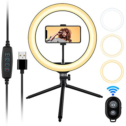 13" LED Ring Light, 3 Colors Dimmable Desk Selfie Ring Light, USB LED Camera Ringlight with Tripod Stand iPhone Cell Phone Holder and Remote Control for Photography Makeup Live Streaming