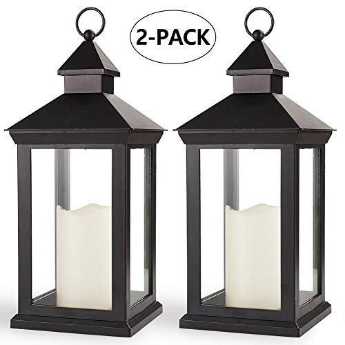 Bright Zeal 2-Pack 14" Decorative Candle Lantern Black Outdoor Lanterns with Timer Candles - IP44 Waterproof Vintage Lanterns Battery Powered LED Decorative for Wedding - Hanging Wall Lanterns Indoor