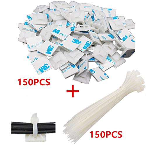 ?150 Pack? Zip Tie Adhesive Mounts Self Adhesive Cable Tie Base Holders with ?150 Pack?Multi-Purpose Cable Tie, Pro-Grade, White Cable Tie Bases (White)