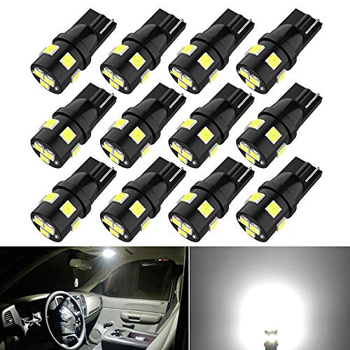 194 LED Bulbs Super Bright T10 Wedge 194 168 2825 W5W 175 LED Bulbs 3030 SMD LED Bulbs for License Plate Lights Interior Map Dome Side Marker Courtesy Cargo Lights, 6000K Xenon White, Pack of 12