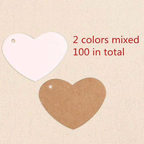 Gift Tags,100 Pcs Kraft Paper Blank Tags with String Wedding Favor Hang Tags with 33 Feet Natural Jute Twine Rectangle Tags for Crafts & Price Tags Labels (Heart Mixed)
