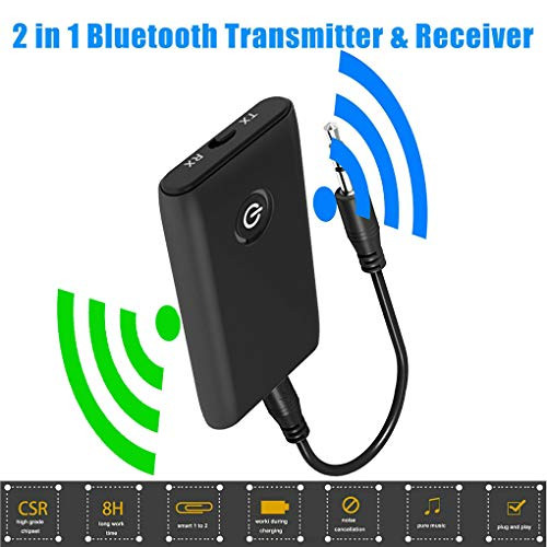 Bluetooth 5.0 Transmitter and Receiver, 2-in-1 Wireless 3.5mm Adapter (aptX Low Latency, 2 Devices Simultaneously, for TV/Home Sound System)
