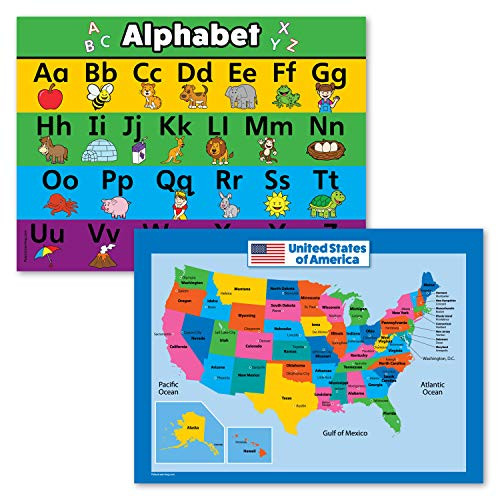 2 Pack - ABC Alphabet & USA Map for Kids Poster Set - United States of America Wall Chart (Laminated, 18" x 24")