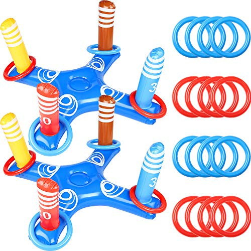 2 Pieces Inflatable Pool Ring Toss Game Floating Swimming Pool Ring with 16 Pieces Circle Inflatable Ring Water Floating Throwing Ring Play for Multiplayer Summer Beach Pool Family Indoor Outdoor Game