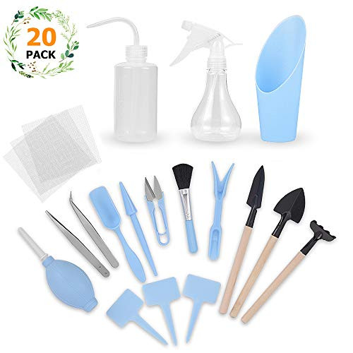 HOBOYER 20 Pieces Garden Tool Set for Succulent Plants, Mini Garden Hand Tools Set Transplanting Tools Miniature Planting Gardening Tool Set for Indoor Miniature Fairy Garden Plant Care