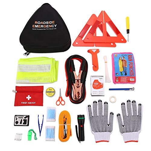 Car Emergency Kit Roadside Assistance Auto Emergency Kit, Multifunctional Car Tool Kits Emergency First aid kit (Triangle Bag - Contains Jumper Cables, Tools, Reflective Safety Triangle and Safety Ham