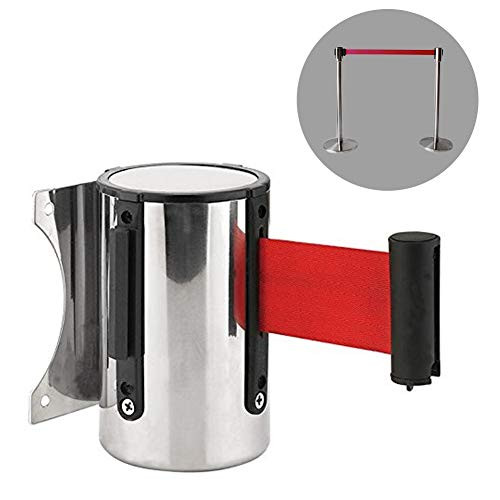 2m or 5m Queue Barrier Belt, Stainless Steel Wall Mount Safety Security Barrier Belt Retractable Red Ribbon for Outdoor Crowd Control and Parks Playground Stanchion Queue