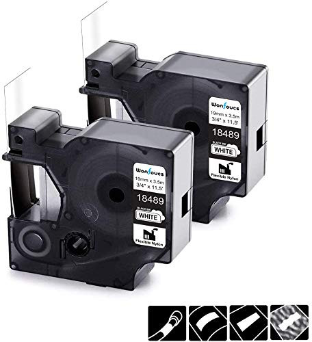 Wonfoucs Compatible Label Tape Replacement for DYMO 18489 Industrial Flexible Nylon 3/4 inch Label Tape, for DYMO LabelWriter and Industrial Label Maker Rhino 4200 5200 6000, Black on White, 2 Pack