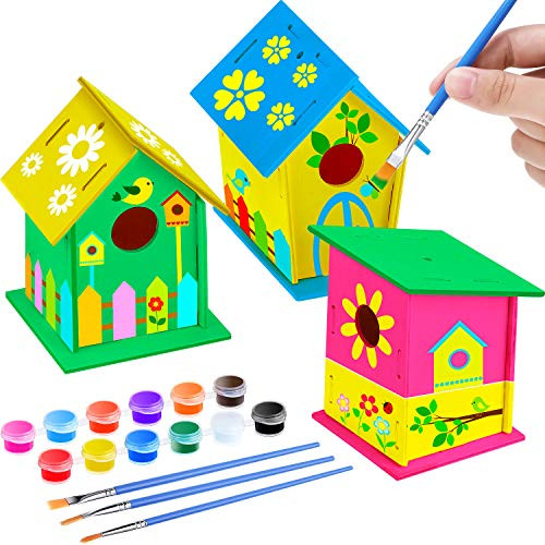 3 DIY Wooden Birdhouse Kit to Build Unfinished Paintable Wood Birdhouse Hanging Set Include 12 Colors Paints and 3 Brushes for Kids