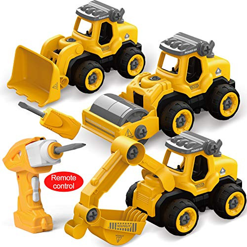 FUN LITTLE TOYS RC Take Apart Construction Truck Toys with Electric Drill for Kids, Remote Control Construction Vehicles Including Bulldozer, Excavator & Road Roller, Educational Toys for Kids