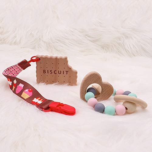 TIANNUOFA 3Pcs Wooden Teether, Teething Ring and Wooden Biscuit Teether with Clip, Montessori Inspired Wooden Teether Ring Teething Toy, Safe Wooden Rattle for Newborn