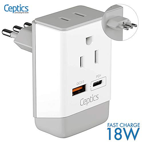 Italy Chile Power Plug Adapter Travel QC 3.0 & PD by Ceptics, Safe Dual USB & USB-C - 2 USA Socket Compact & Powerful - Use in Uruguay Libya Syria Tunisia - Type L AP-12 - Fast Charging (AP-12A)