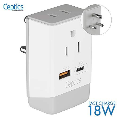 India Maldives Power Plug Adapter Travel QC 3.0 & PD by Ceptics, Safe Dual USB & USB-C - 2 USA Socket Compact & Powerful - Use in Pakistan Nepal Sri Lanka - Type D AP-10 - Fast Charging