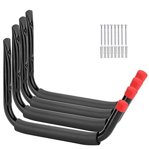15Inches Jumbo Garage Storage Hooks, Kayak Wall Mount Rack, Heavy Duty Ladders Hangers for SUP Paddle Board, Surfboard, Wake Board, 100 Pound Capacity Canoe Stands (Black, Pack of 4)