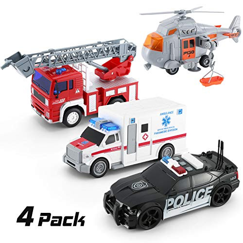 KeepRunning 4 Pack Friction Powered City Hero Play Set Including Fire Engine Truck, Ambulance, Police Car and Helicopter Emergency Vehicles with Light and Sounds / Sirens