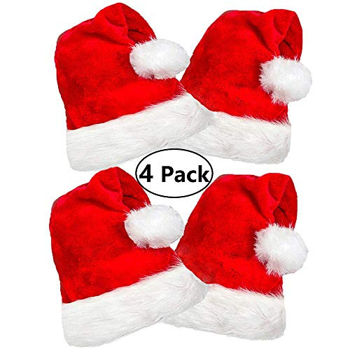 4 Pack Plush Santa Hats, Christmas Santa Hats for Christmas Party, Adult Size Red