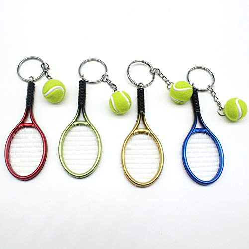 Astra Gourmet 4 Pieces Tennis Racket Keychain Key Rings Metal Tennis Ball Split Keychain Set, 4 Colors