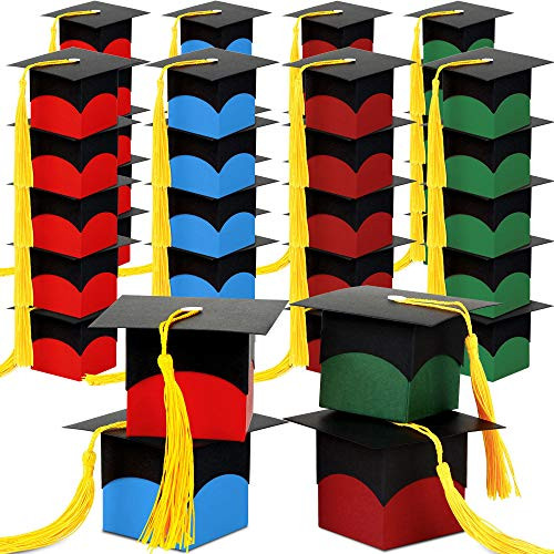 40 Pieces Graduation Cap Gift Candy Sugar Box Graduation Decorations Candy Favor Box DIY Grad Cap Box Congrats Graduation Cap Boxes with Yellow Tassel for Graduation Party Favor (Assorted Colors)