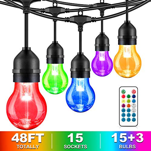 48FT Color Changing Outdoor String Lights, RGB Cafe LED String Light with 15+3 E26 Shatterproof Dimmable Edison Bulbs, Commercial Grade Light String for Patio Backyard Garden, 2 Remote Controls