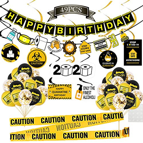 Funnlot 49PCS Quarantine Birthday Decorations Quarantine Birthday Party Supplies with Quarantine Birthday Banner Hanging Swirls Quarantine Balloons Quarantine Caution Tape for Quarantine Party Stay at Home Birthday Decor Social Distancing Party Decor