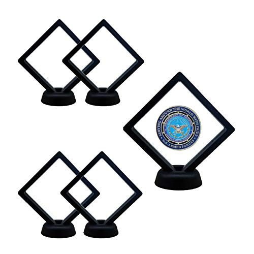 NOBBEE Coin Display Case 5 PCS 3D Display Frames with Stands Jewelry Display Case Suspending/Floating Effect Holder for Displaying Perls, Medals, Specimens and Challenge Coins (5 PCS Black, Square)
