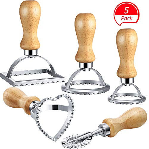 5 Pieces Ravioli Stamp Set Square Round Ravioli Maker Wheel Heart Maker Mold with Wooden Handle for Ravioli, Pasta, Dumplings Tool