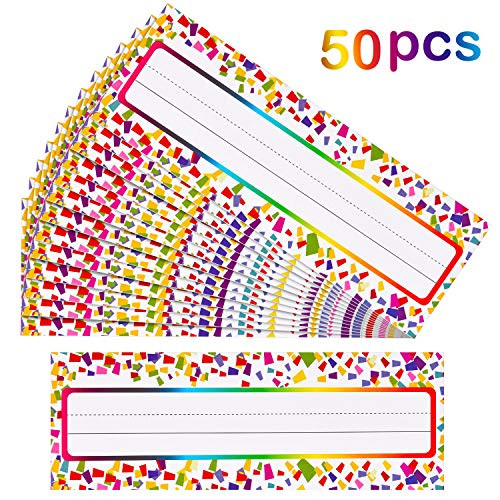 50 Pieces Self Adhesive Confetti Desk Name Plates Traditional Manuscript Nameplates for Primary Students and Teachers Using