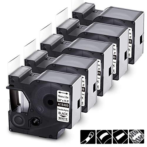 Wonfoucs Compatible Label Tape Replacement for DYMO 18489 Industrial Flexible Nylon Label Tape Compatible with DYMO Label Maker, Rhino 5200 4200 5000 6000, Black on White, 3/4-in x 11.5 ft, 5 Pack