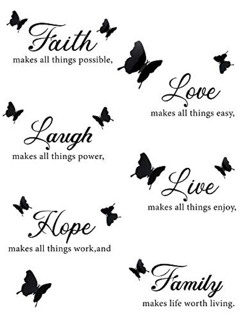 6 Pieces Faith Hope Love Laugh Family Live Wall Decal Stickers Motivational Wall Decal Stickers with 12 Pieces 3D Butterfly Decals Inspirational Quotes Stickers Set for Home Office Decorations