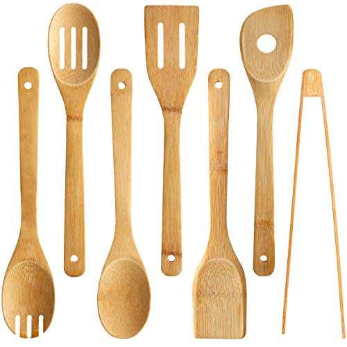 7 Pieces Bamboo Utensil Set, Turner Spatula Single Hole Mixing Spoon Slotted Spoon Slotted Spatula Bamboo Cooking Spoon Rounded Fork Bamboo Cooking Tong for Home Kitchen
