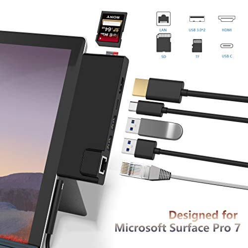 Surface Pro 7 Hub Docking Station with 4K HDMI Adapter+1000M Gigabit Ethernet LAN+ USB C PD Charging +2 Port USB 3.0+SD/TF(Micro SD) Card Reader Converter Combo Adaptor for Microsoft Surface Pro 7