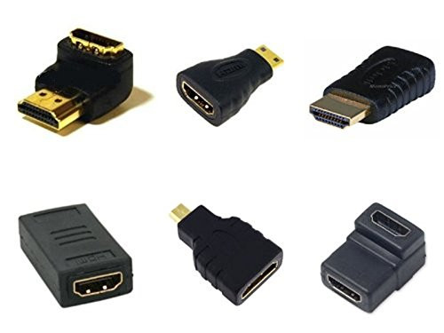 6 HDMI Cable Adapters KIT: HDMI Right Angle Adapter Female to Female , HDMI Female to HDMI Female Adapter Coupler , HDMI Female to Micro HDMI Male Adapter , HDMI Male to HDMI Male Adapter Coupler , HDMI Female to Mini HDMI Male Adapter , HDMI Right Angle