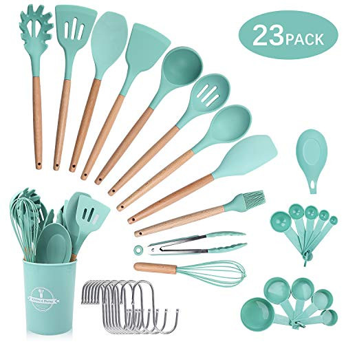 Silicone Cooking Utensils Kitchen Utensil Set-23 Pieces Natural Cookware Wooden Silicone Kitchen Utensils, BPA Free Non Toxic Cooking Utensils Kitchen Gadgets for Non-Stick Cookware Best Kitchen Tool