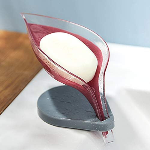 Soap Bar Holder Leaf Shape, Soap Dish with Draining Tray, Decorative Plastic Soap Saver, Soap Box with Suction Cup for Shower Bathroom Kitchen (Not Punched) (Purple Red)