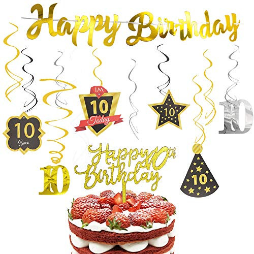 10th Birthday Decoration Banner Hanging Swirls With Happy 10th Birthday Cake Topper, Glittery Gold and Black Decorations Kit for 10 Year Old Birthday Party
