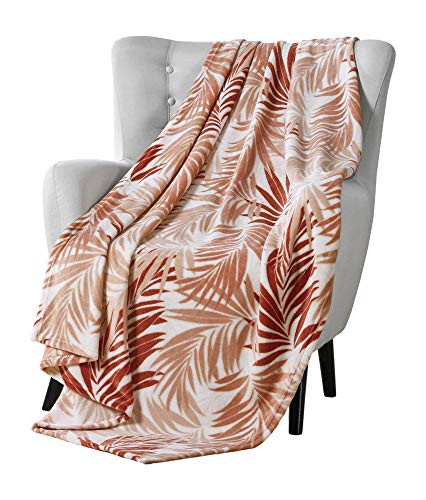 VCNY Decorative Throw Blanket: Large Lush Palm Leaf Design Accent for Couch or Bed, Colors: Coral Red Beige White