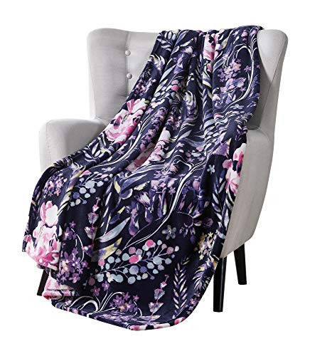 VCNY Decorative Throw Blanket: Swaying Floral Vibrant Botanical Accent for Couch or Bed, Colors: Dark Navy Blue Pink Purple Yellow Green White
