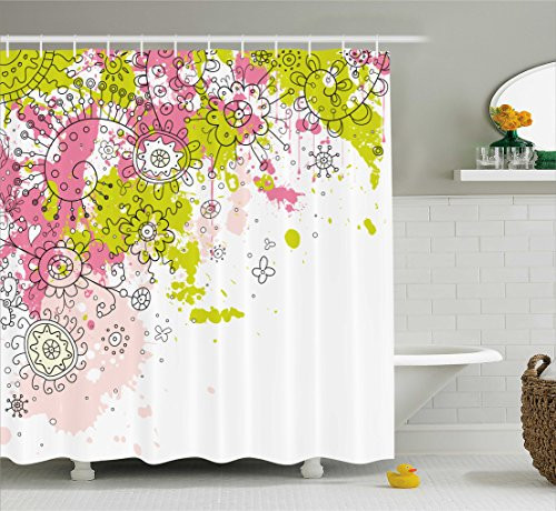Ambesonne Indian Shower Curtain by, Hand Drawn Sketchy Abstract Pastel Watercolor Image Print, Fabric Bathroom Decor Set with Hooks, 70 Inches, Lime Green Light Pink and Hot Pink