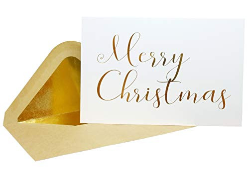 Gold Christmas Cards - 50 Pack Gold White Merry Christmas Greeting Cards in Matte Finish with Gold Foil Lettering - Includes 52 Gold Foil Kraft Envelopes - 4" x 6" Blank Inside